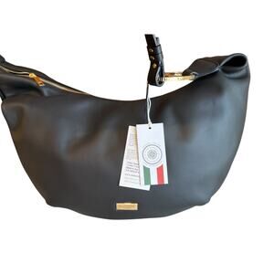 Viola Castellani Italian Made Large Slim Leather Hobo Bag Black